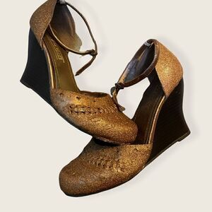 Sparkly Bronze Upcycled Custom Size 6 Joy & Peace Brown Wedges